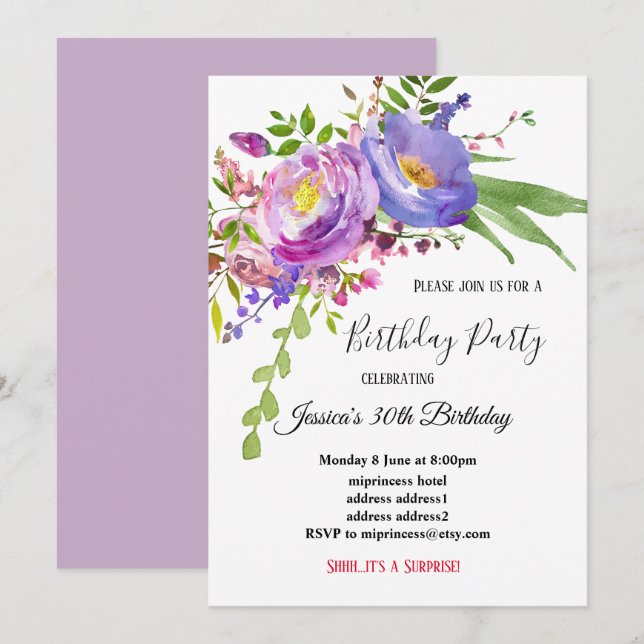 watercolour purple pink floral birthday invitation (Front/Back)
