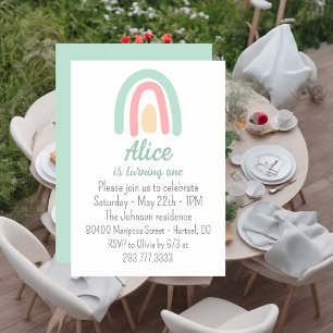 Watercolour rainbow green yellow  1st Birthday  Invitation