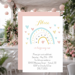 Watercolour rainbow hart pink blue 1st Birthday  Invitation