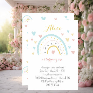Watercolour rainbow hart pink blue 1st Birthday  Invitation