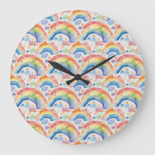 Watercolour Rainbows and Clouds Large Clock