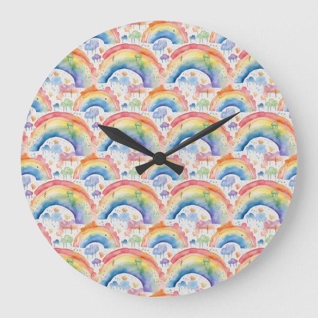 Watercolour Rainbows and Clouds  Large Clock (Front)
