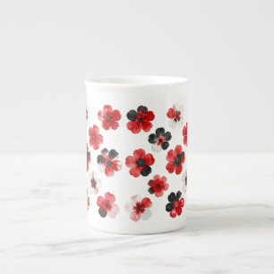 Watercolour Red Black White Floral Bone China Mug