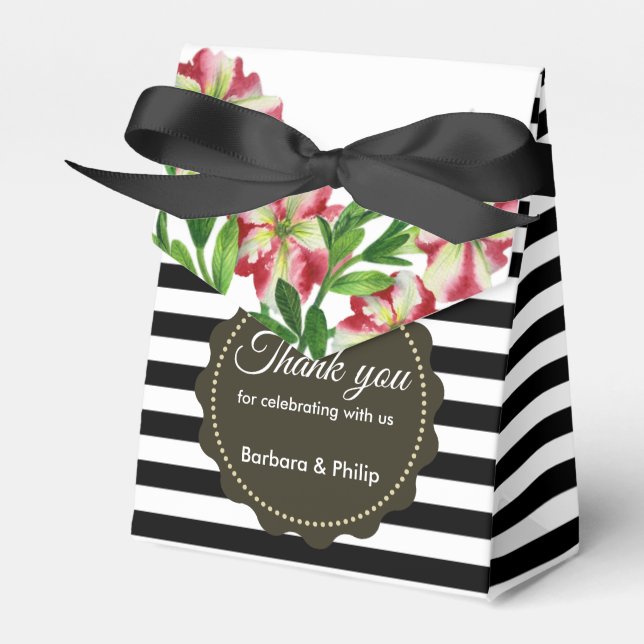 Watercolour Red Petunias Black White Stripes Favor Box (Front Side)