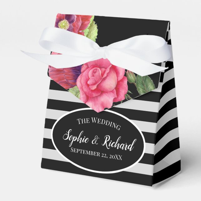 Watercolour Red Poppies Pink Rose Stripes Wedding Favor Box (Front Side)