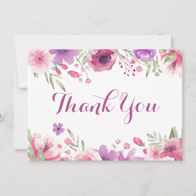 Watercolour Roses Floral Greenery Thank You Card (Front)