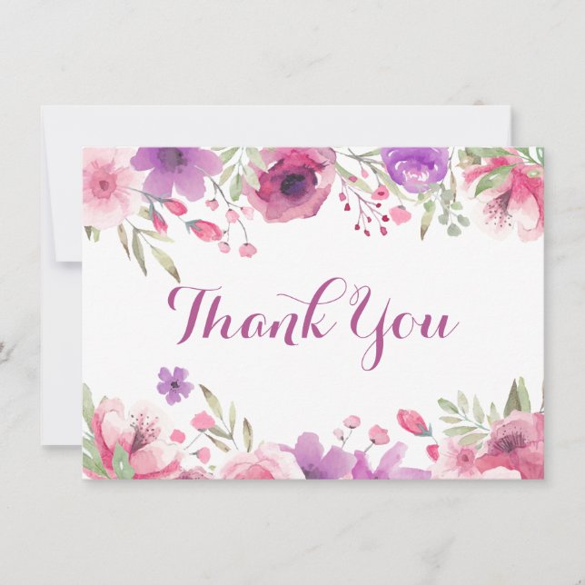 Watercolour Roses Greenery Script Thank You Card (Front)