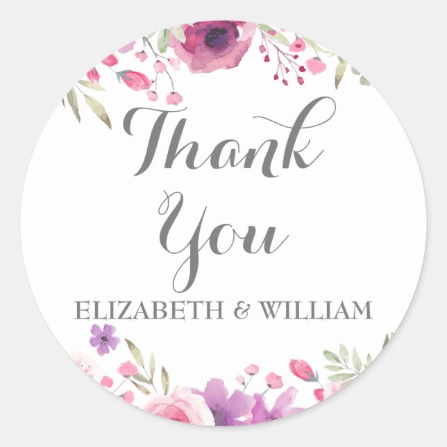 Watercolour Roses Greenery Thank You Classic Round Sticker (Front)