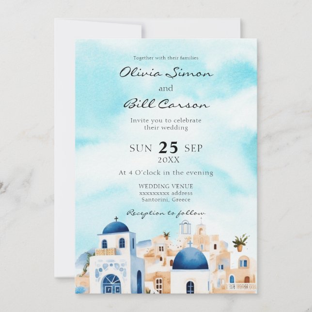 Watercolour Santorini, Greece destination wedding Invitation (Front)