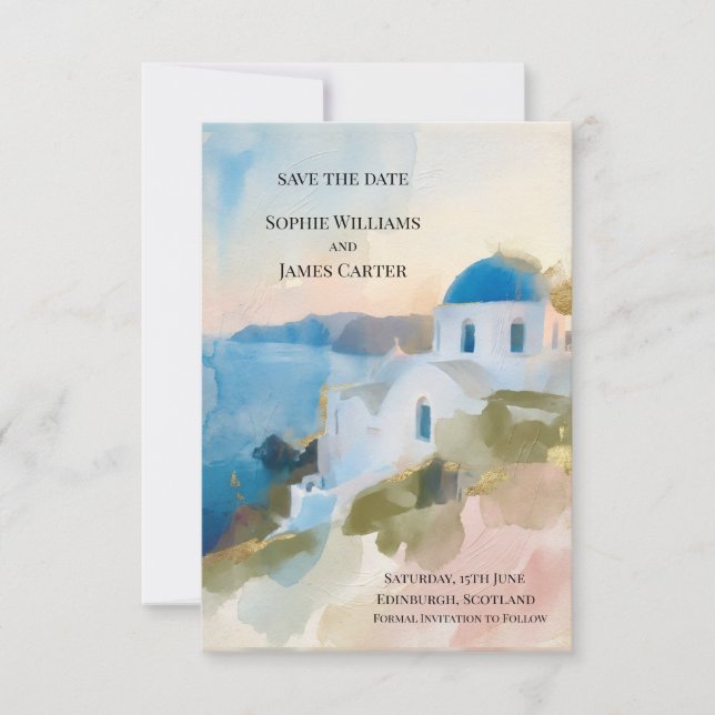 Watercolour Santorini Save The Date Card (Front)