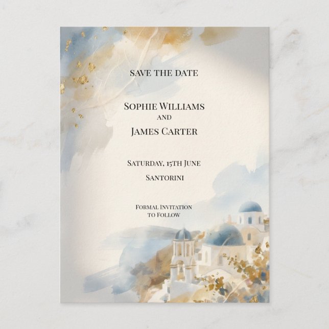 Watercolour Santorini Save The Date Postcard (Front)