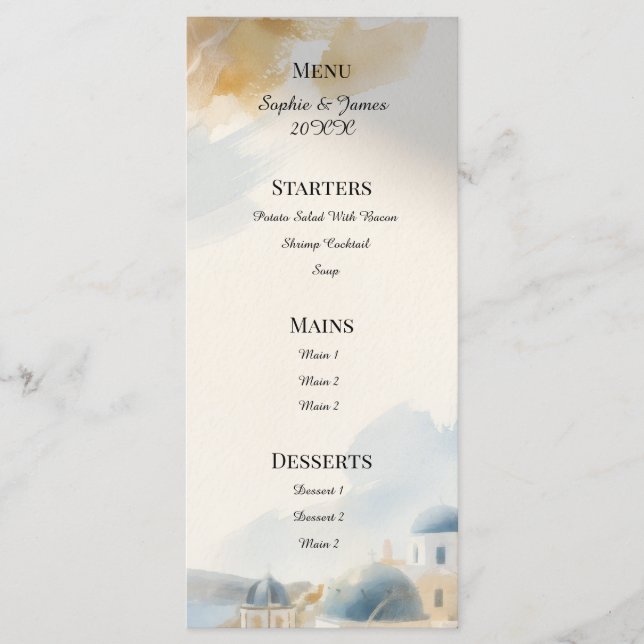 Watercolour Santorini Wedding Menu (Front)