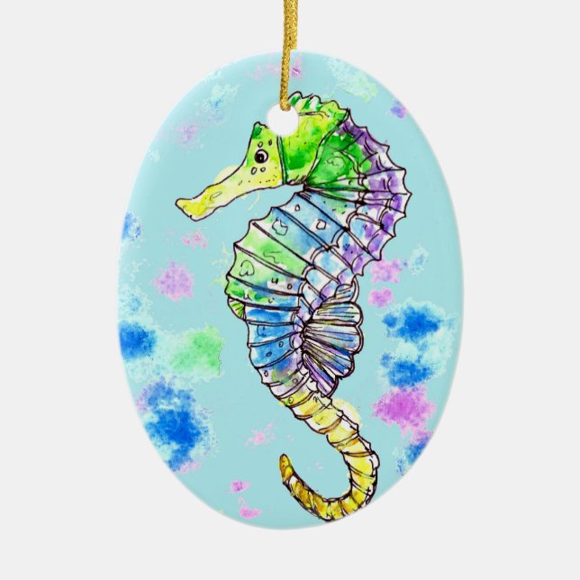 Watercolour Seahorse Ceramic Ornament (Front)