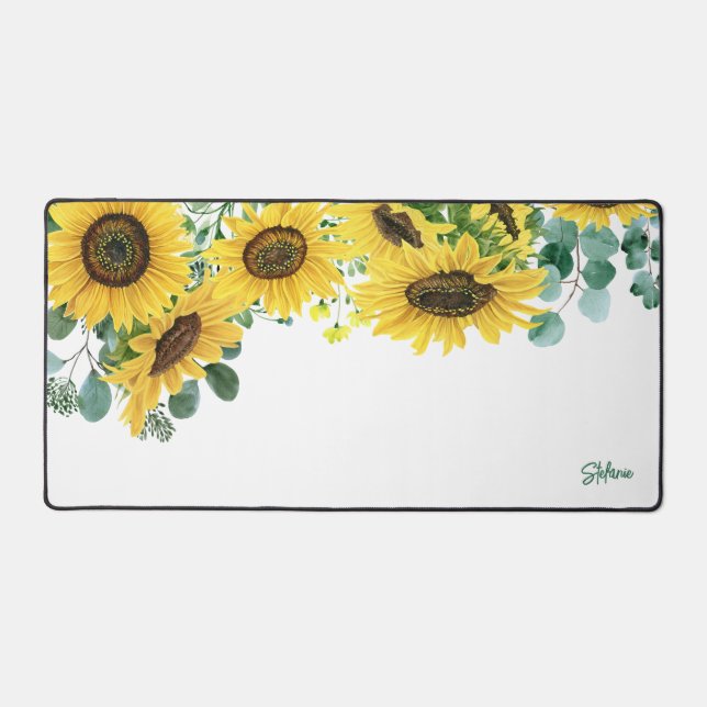 Watercolour Sunflowers and Eulcayptus Leaves Desk Mat (Front)