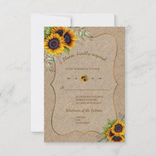 Watercolour Sunflowers Burlap Wedding RSVP Card