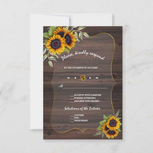 Watercolour Sunflowers Wood Wedding RSVP Card (Front)