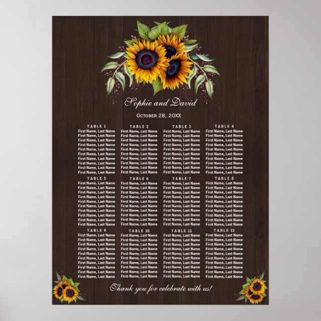 Watercolour Sunflowers Wood Wedding Seating Chart (Front)