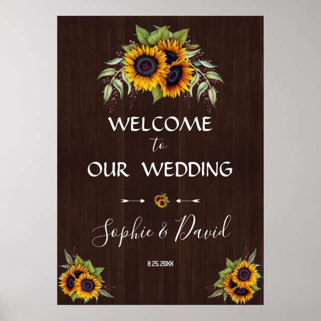Watercolour Sunflowers Wood  Welcome Wedding Sign (Front)