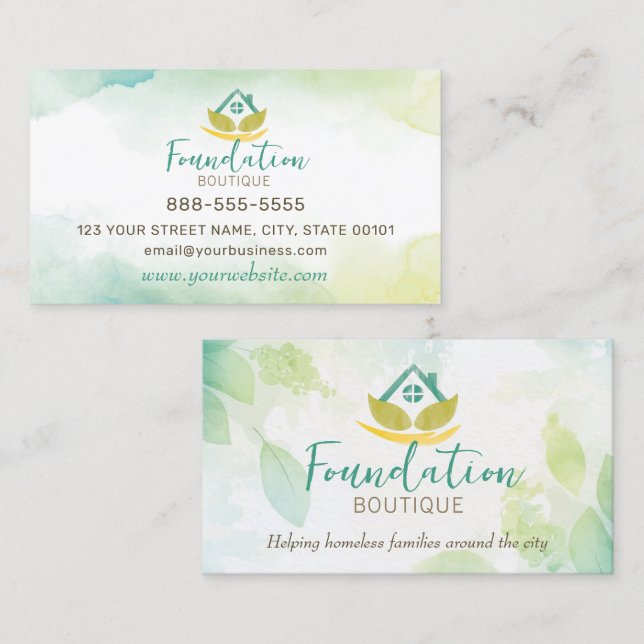 Watercolour Teal Green Yellow Foundation House Business Card (Front/Back)