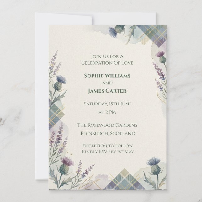 Watercolour Thistle Tartan Highland Scottish Weddi Invitation (Front)