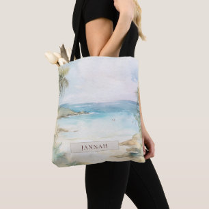 Watercolour Tropical Beach Palm Trees Name Beach Tote Bag