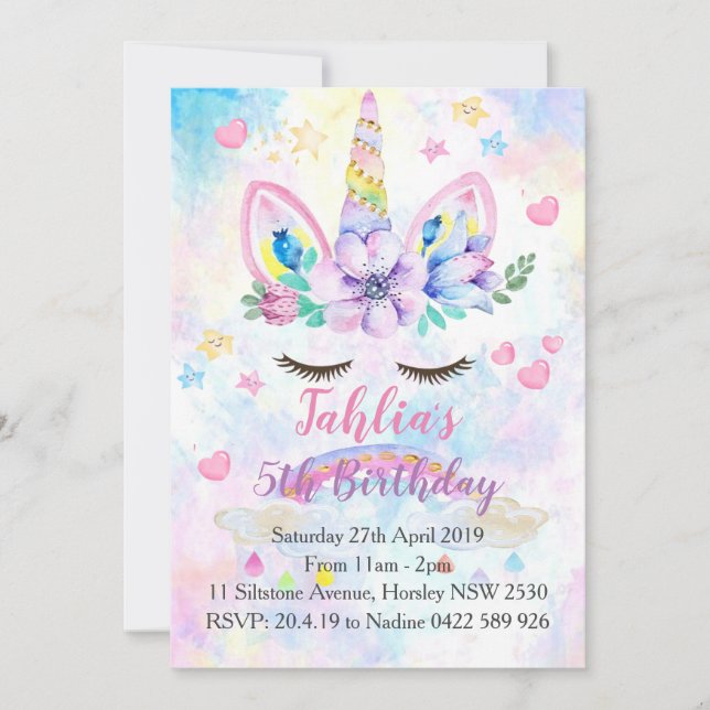 Watercolour Unicorn Birthday Party Invitation Kids (Front)