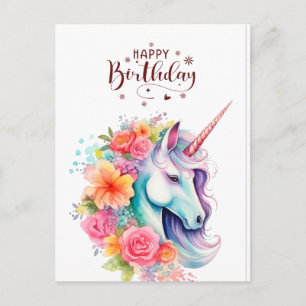 Watercolour Unicorn Floral Happy Birthday PostCard