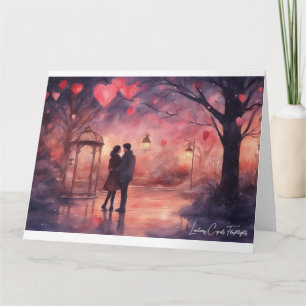 Watercolour Valentines Day Card street lamps rain