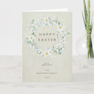 Watercolour White Floral Wreath Happy Easter Holiday Card