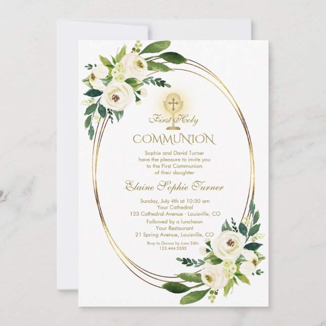 Watercolour White Flowers Gold Holy Communion Invitation (Front)