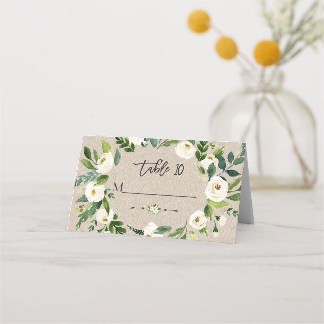 Watercolour White Flowers Linen Canvas Wedding Place Card (Front)