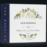 Watercolour White Flowers Wedding Album Binder<br><div class="desc">Elegant card design featuring watercolour delicate white flowers and green leaves,  a faux gold cross and frame,  floral divider,  on a white background. On the back white flowers bouquet. Use Personalise tool to add your info,  change fonts,  font's colours. For matching items,  please,  visit my Delicate White Flowers Collection.</div>