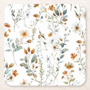  Watercolour wild flower Boho style Square Paper Coaster