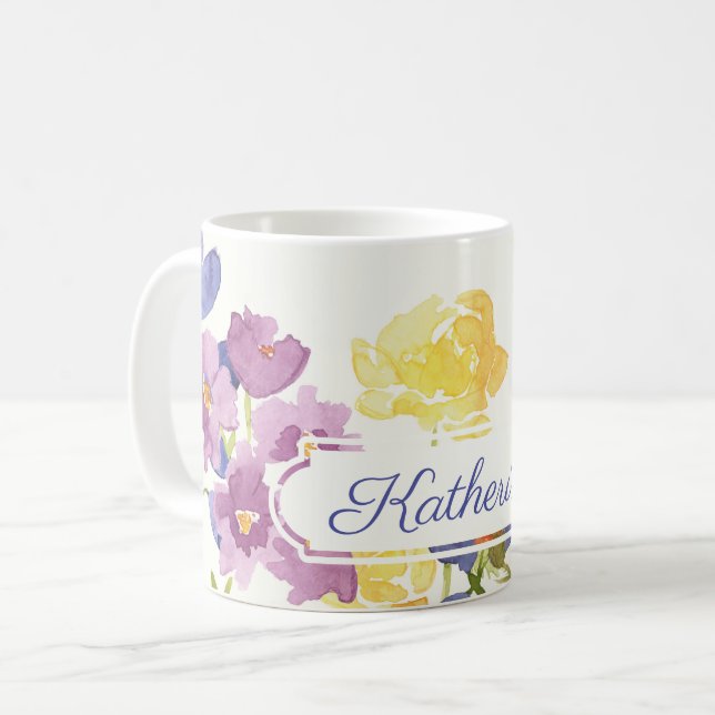 Watercolour Wild Flowers Personalized Name Mug (Front Left)