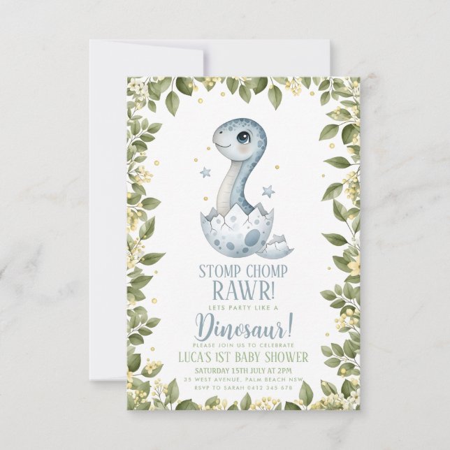 watercolour wildflower Dinosaur Baby Shower Invitation (Front)