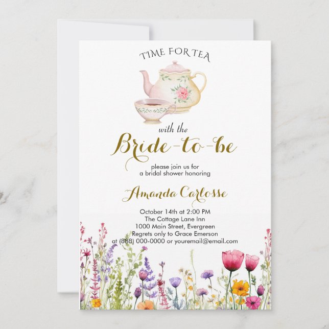 Watercolour Wildflower Time for Tea Bridal shower Invitation (Front)