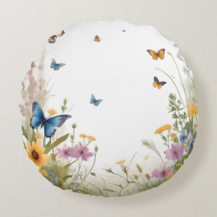 Watercolour Wildflowers Grasses And Butterflies, Round Pillow