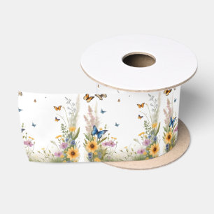Watercolour Wildflowers Grasses And Butterflies, Satin Ribbon