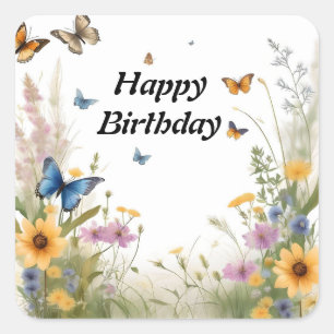 Watercolour Wildflowers Grasses And Butterflies, Square Sticker