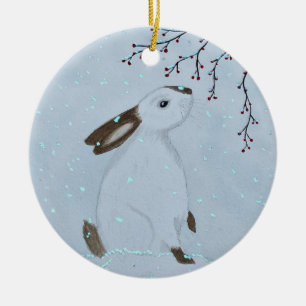 Watercolour Winter Bunny Rabbit Ceramic Ornament
