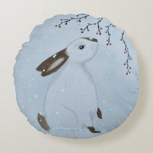 Watercolour Winter Bunny Rabbit Round Pillow