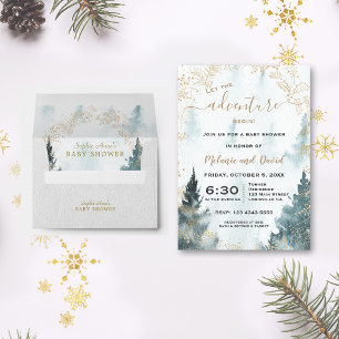 Watercolour Winter Scenery Gold Wreath Baby Shower Invitation