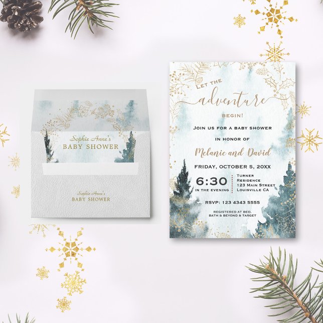 Watercolour Winter Scenery Gold Wreath Baby Shower Invitation (winter evergreen pine baby shower invitation, trendy winter baby shower, green gold baby shower )