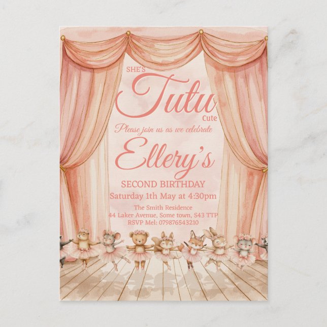 🦊🐰🩰 Watercolour Woodland Ballerina Invitations (Front)
