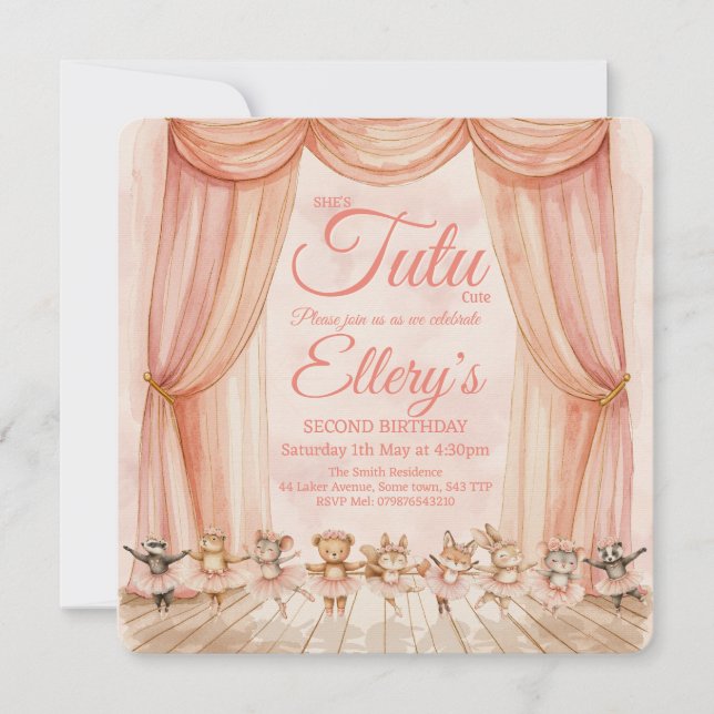 🦊🐰🩰 Watercolour Woodland Ballerina Invitations (Front)
