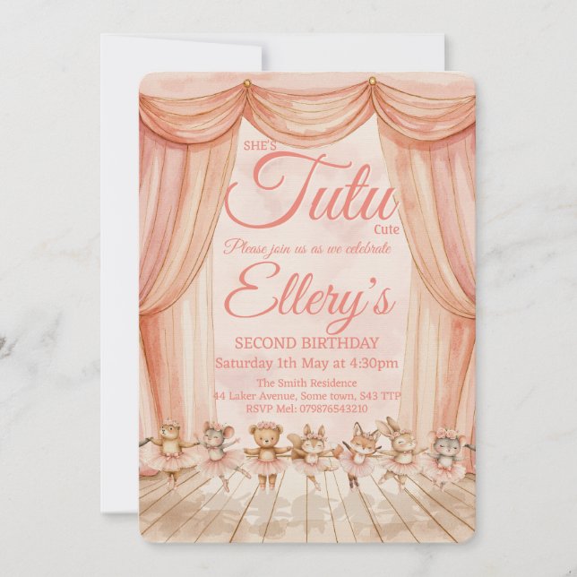 🦊🐰🩰 Watercolour Woodland Ballerina Invitations (Front)