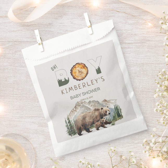 Watercolour Woodland  Oh Boy Bear Baby Shower Favour Bag (Clipped)