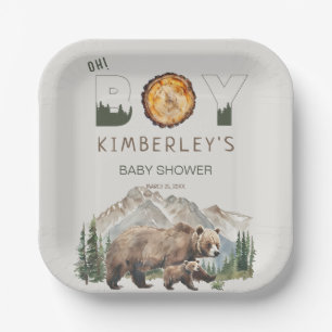 Watercolour Woodland  Oh Boy Bear Baby Shower Paper Plate