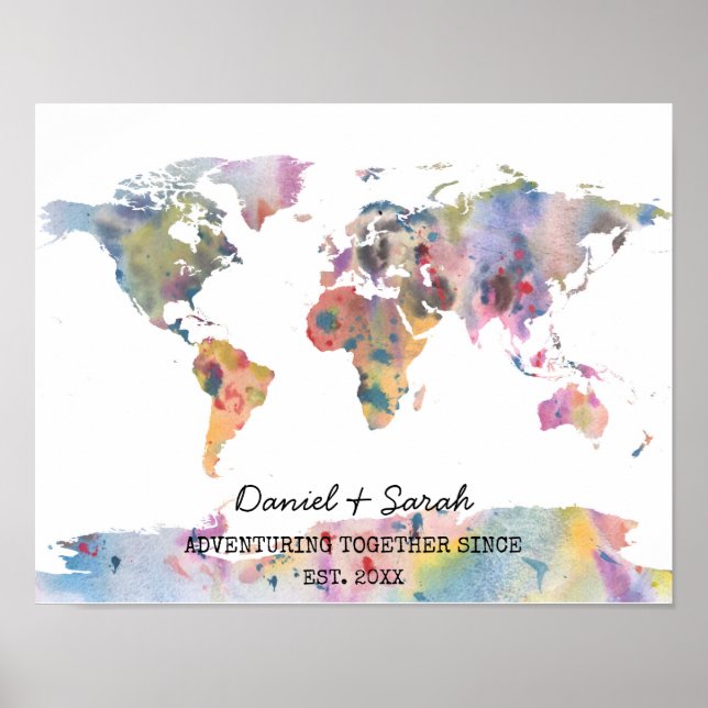 Watercolour World Map Custom Name Gift Poster (Front)