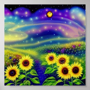 Watercoor sunflower field poster